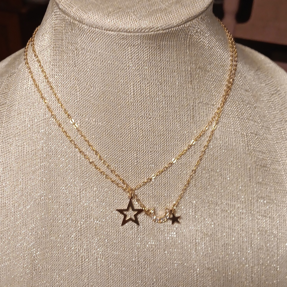 TWO TIER GOLD TONE CRYSTAL MOON AND STAR NECKLACE